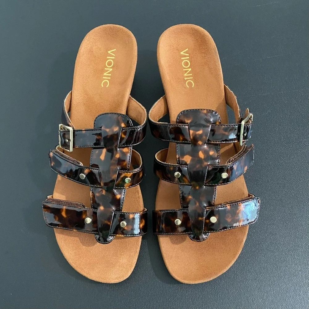 Vionic New Radia Wedge Heel Sandals Size 10 Tortoise Shell Black Brown Ajustable